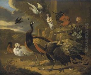 Peacocks, A Rooster, Pigeons, A Swallow, And Other Birds, In A Landscape by Melchior de Hondecoeter