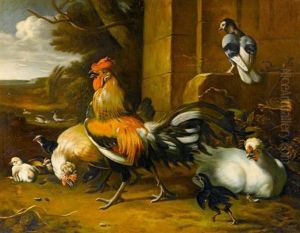 Geflugel Mit Hahn, Huhn, Kucken Sowie Einer Ente Und Eine Taube Vor Einer Landschaft