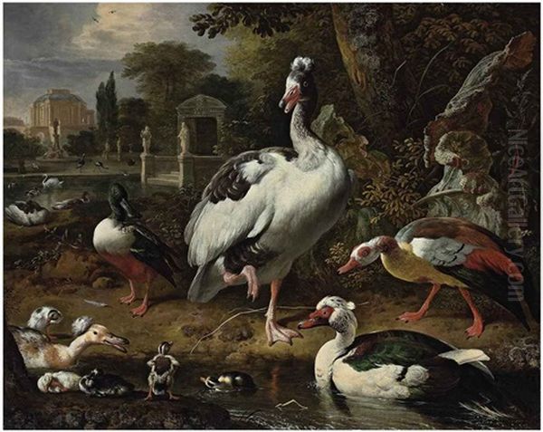 A Grey And White Crested Goose, A Shoveler, A Muscovy Duck, Goslings, Ducklings And Other Fowl In A Park, Elegant Buildings Beyond - view 1
