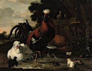 A Rooster, Hens, Chicks And A Pigeon Near A Wood Paling In A Landscape by Melchior de Hondecoeter
