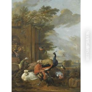 A Peacock, A Peahen, A Jay, A Swallow, A Kingfisher, A Mallard, Ducks And Hens In An Elegant Parkland Setting
