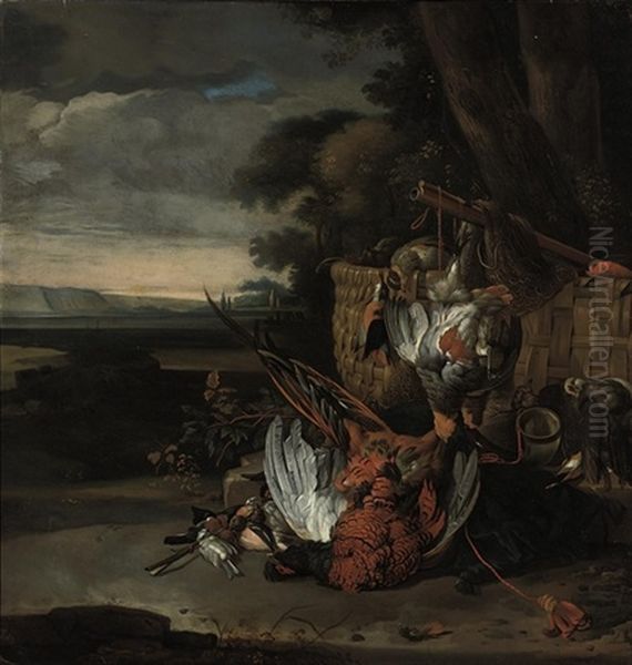 A Dead Pheasant And Other Birds, A Rifle, A Horn In A Wooded Clearing - view 1