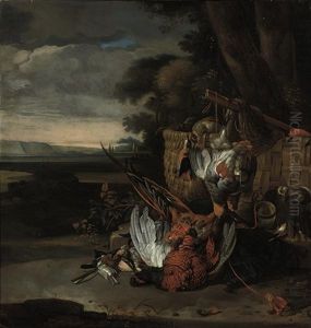 A Dead Pheasant And Other Birds, A Rifle, A Horn In A Wooded Clearing by Melchior de Hondecoeter