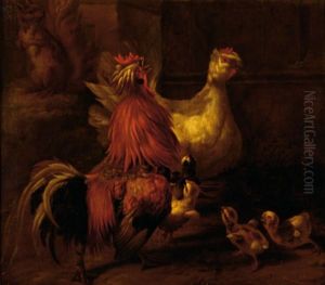 A Rooster, A Hen And Chicks With A Squirrel In The Background by Melchior de Hondecoeter