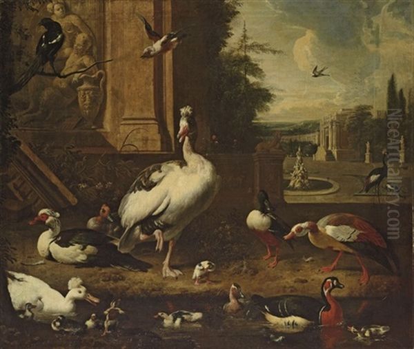 Geese, Ducks, A Magpie And Other Birds At A Pond, An Architectural Capriccio Landscape Beyond - view 1