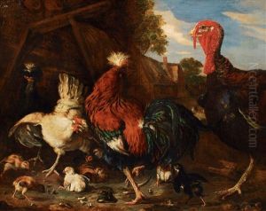 Henne Verteidigt Ihre Jungen Gegen Einen Truthahn by Melchior de Hondecoeter