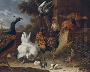 A Cockerel, Hens, Chicks, A Partridge, Pheasants, A Peacock And A Pigeon By A Wall In The Park A Cockerel, Hens, Chicks, A Partridge, Pheasants, A Peacock And A Pigeon By A Wall In The Park