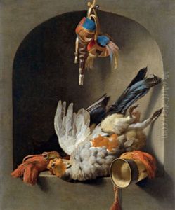 Trompe L'oeil-stillleben Mit Einem Rebhuhn, Falkenhaube Und Einem Jagdhorn In Einer Steinernen Nische