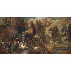 Still Life With A Mallord Drake, Chickens, Flammingoes, A Cock Pheasant And A Kingfisher In A Parkland Setting