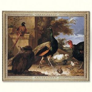 A Peacock, A Pea-hen, A Pheasant, A Turkey, A Cockerel And Chicks By A Wall, A Landscape Beyond