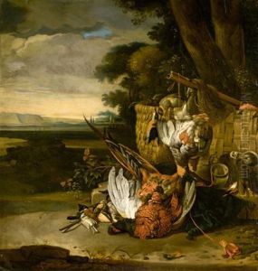 Still Life With A Pheasant, Partridges, A Kingfisher, And Songbirds Together With A Basket, A Hunting Horn, A Musket, Nets And A Cushion, In A Landscape