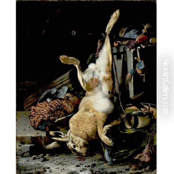 A Game Still Life With A Hung Hare, A Pheasant, A Horn, A Musket Barrel And Other Objects In A Classical Niche - view 1