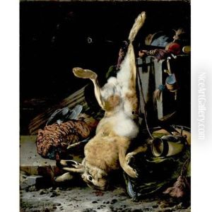 A Game Still Life With A Hung Hare, A Pheasant, A Horn, A Musket Barrel And Other Objects In A Classical Niche by Melchior de Hondecoeter
