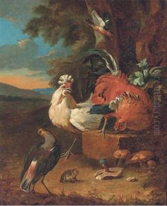 Two Cockerels, A Lapwing And A Sparrow In A Clearing