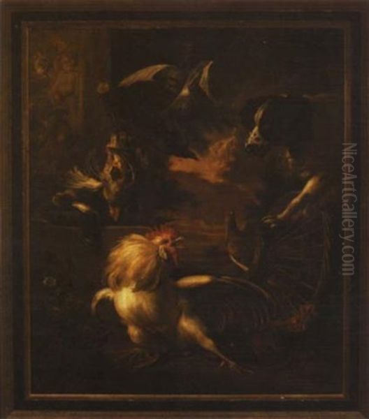 Fighting Cockerel, Fowl And Spaniel In A Garden - view 1
