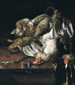 Still Life Od Rabbits On A Wicker Basket, A Bantam Cockerel, Partridge, Kingfisher And A Songbird, Together With A Knife Arranged Upon A Table-top by Melchior de Hondecoeter