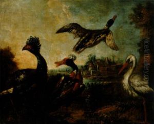 Une Dinde, Deux Canards Et Une Cigogne Au Bord D'un Etang by Melchior de Hondecoeter