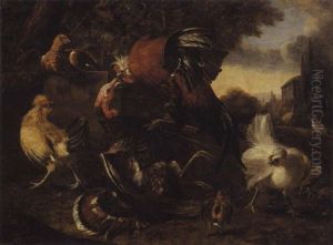 En Hane I Kamp Med En Kalkun Og Andet Fjerkrae by Melchior de Hondecoeter