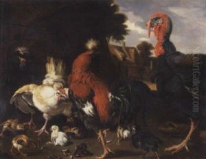 A Turkey, Roosters And Other Fowl In A Landscape