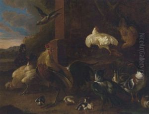 A Cockerel, A Chicken, A Magpie, Amd Other Birds By A River Bank A Cockerel, A Chicken, A Magpie, Amd Other Birds By A River Bank