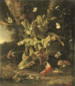 A Forest Floor Still Life With A Blue Tit, A Chaffinch, A Kingfisher, A Large Tortoise Shell Butterfly, A Painted Lady And A Red Admiral by Melchior de Hondecoeter