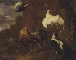 A Cockerel, A Chicken, A Magpie And Other Birds By A Farm Building