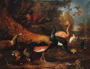 Exotic Fowl, Including A Peacock And Peahen, Flamingo, African Crane, Pheasant, Lapwing, Shoveller, Pelican And Tufted Duck by Melchior de Hondecoeter