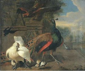 A Peacock, A White Hen And Chickens By A Stone Wall In A Landscape, A Pond Beyond by Melchior de Hondecoeter