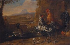 A Turkey, Roosters, Ducks And Goslings In A Farmyard, A Greyhound And An Extensive Mountain Landscape Beyond