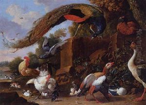 A Peacock Standing On A Plinth With Ducks, A Pheasant, A Cockerel, A Hen And Chicks In A Landscape