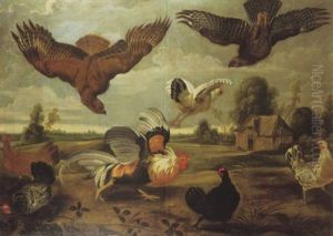 Two Hawks Attacking A Hen In A Farm Landscape by Melchior de Hondecoeter