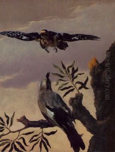 A Jay Perched On A Branch And A Lapwing Flying Above by Melchior de Hondecoeter