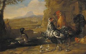 A Turkey, Rooster, Ducks And Goslings In A Farmyard, A Greyhound And An Extensive Mountain Landscape Beyond