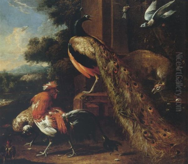 A Peackock, Peahen, Bantams And Pigeons In A Landscape - view 1