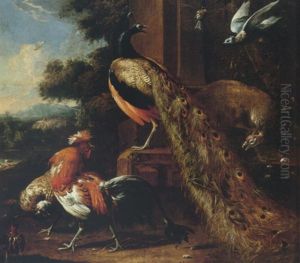 A Peackock, Peahen, Bantams And Pigeons In A Landscape by Melchior de Hondecoeter