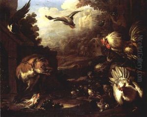 Chickens Threatened By A Dog In A Landscape, A Farm And Mountains Beyond