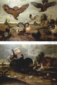 Two Hawks Attacking A Cock And Hens In A Farmland Landscape by Melchior de Hondecoeter
