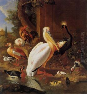 A Pelican, A Crested Crane, A Hen And Rooster With Various Ducks In A Landscape by Melchior de Hondecoeter