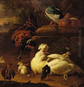 Still Life Of Bantams And Pigeons In A Classical Landscape, A River Beyond Still Life Of Bantams And Pigeons In A Classical Landscape, A River Beyond
