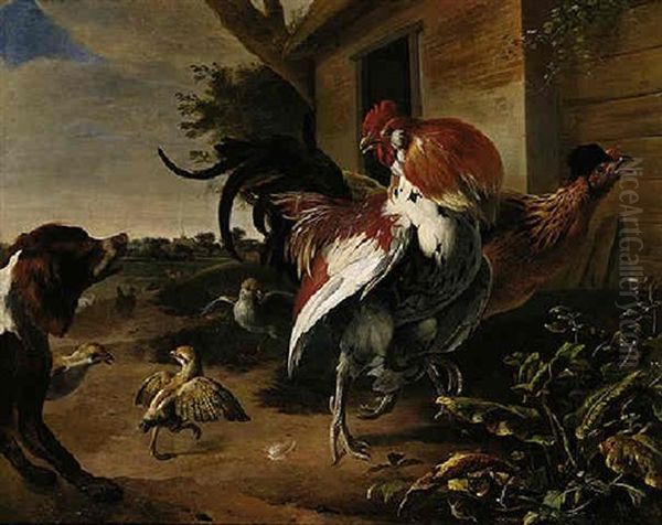 Bantams Startled By A Spaniel In A Farmyard Setting, A Church Spire Beyond - view 1
