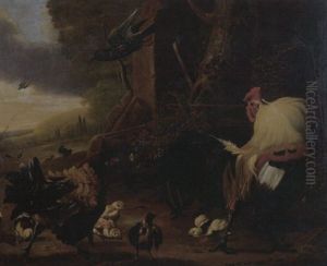 Cockerel, Hen And Chicks Amongst Building Ruins, Alarmed By Blackbird, A Coastal Landscape Beyond Cockerel, Hen And Chicks Amongst Building Ruins, Alarmed By Blackbird, A Coastal Landscape Beyond