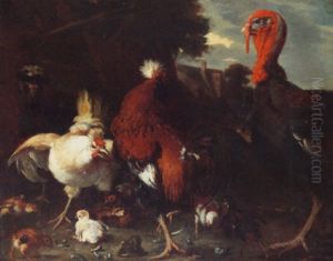 A Farmyard Scene With Bantams And A Turkey A Farmyard Scene With Bantams And A Turkey
