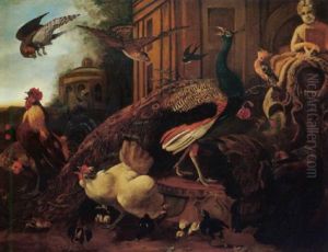 Falcons Surprising A Peacock, Cockerels, Hens And Their Chicks, Together With Other Birds, In An Ornamental Garden