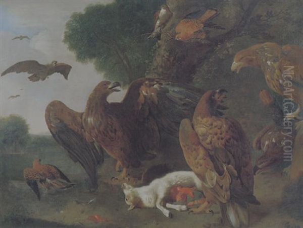 Vier Adler Streiten Sich Um Die Beute, Eine Erlegtes Lamm, Beobachtet Von Zwei Falken, Einem Habicht Und Anderen Raubvogeln - view 1