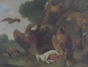 Vier Adler Streiten Sich Um Die Beute, Eine Erlegtes Lamm, Beobachtet Von Zwei Falken, Einem Habicht Und Anderen Raubvogeln
