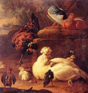 Poultry In A Landscape With Ruins, A River Beyond by Melchior de Hondecoeter