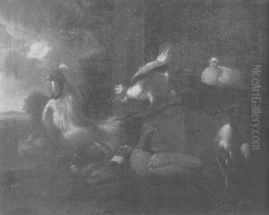 A Cockeral, A Hen, Pidgeons, A Pheasant And A Mallard In A Yard