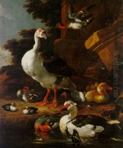 A Chinese Goose, An Egyptian Goose, A Muscovy Duck, A Wigion And Teal With Other Waterfowl By A Pond In A Park by Melchior de Hondecoeter
