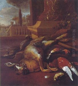A Still Life Of A Hare, Kingfishers, A Dove And A Finch Beside A Marble Column With A Terrace And A Formal Garden Beyond by Melchior de Hondecoeter