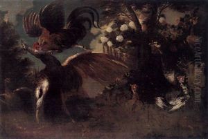 Pfau Und Hahn Im Kampf, Um Die Sich Huhner Und Truthahn Scharen by Melchior de Hondecoeter